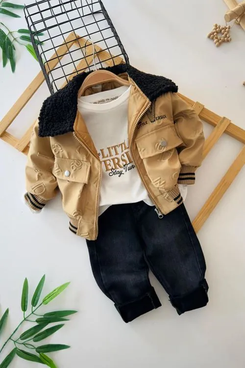 Miniğimin Cicileri Kabartma Harf Baskı Montlu Erkek Çocuk 3 Lü Takım - Camel
