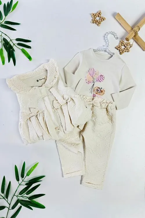 Miniğimin Cicileri Jakarlı Fiyonk Detaylı Şişme Yelekli Kız Bebek 3 lü Takım - Krem