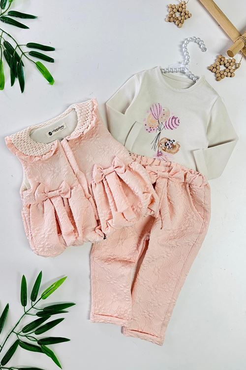 Miniğimin Cicileri Jakarlı Fiyonk Detaylı Şişme Yelekli Kız Bebek 3 lü Takım - Somon