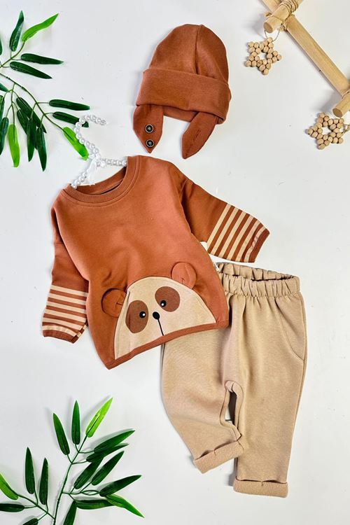 Miniğimin Cicileri Panda  Baskı Detaylı Erkek Bebek 2 Li Takım - Kahve