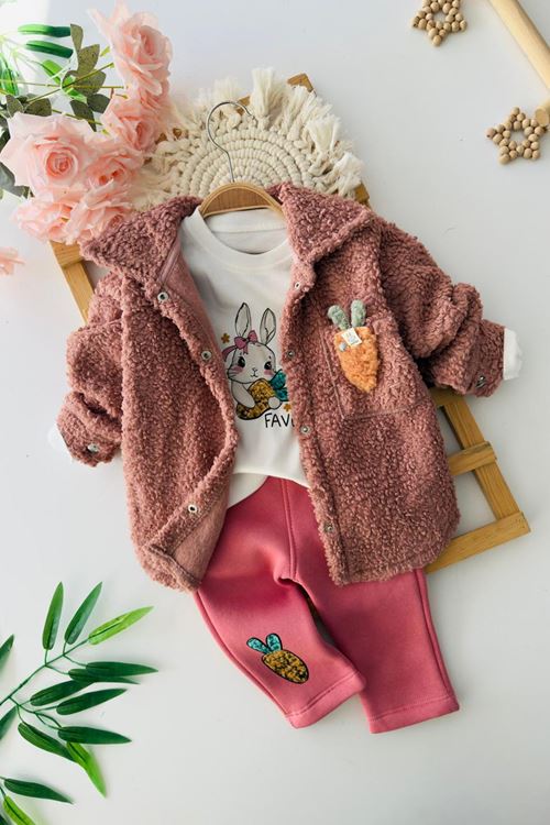 Miniğimin Cicileri Tavşan Detaylı Kürklü Ceketli Kız Bebe 3’lü Kışlık Takım - Gül Kurusu