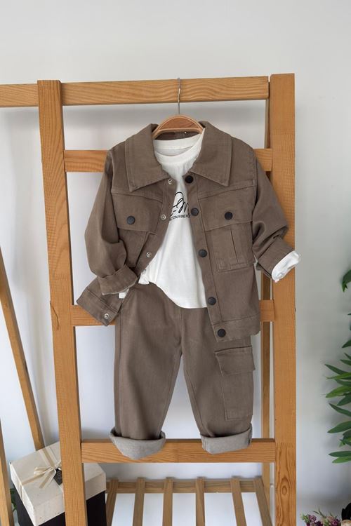 Miniğimin Cicileri Kargo Cepli Ceketli Erkek Çocuk 3 lü Spor Takım - Toprak