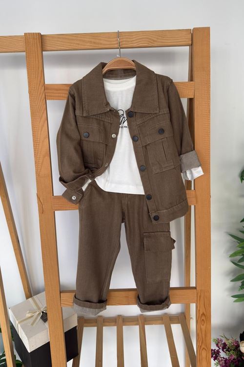 Miniğimin Cicileri Kargo Cepli Ceketli Erkek Çocuk 3 lü Spor Takım - Kahverengi