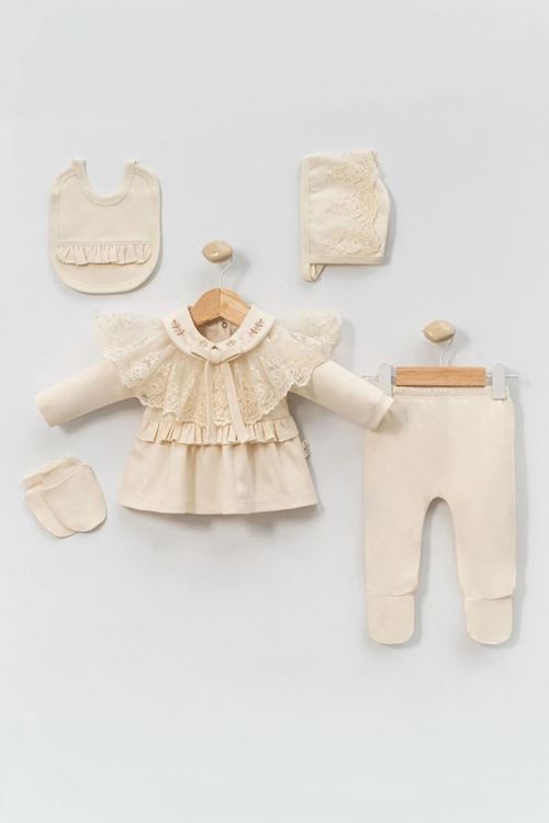 Miniğimin Cicileri Dantel Yaka Detaylı Kız Bebek Pamuklu 5 li Set - Krem