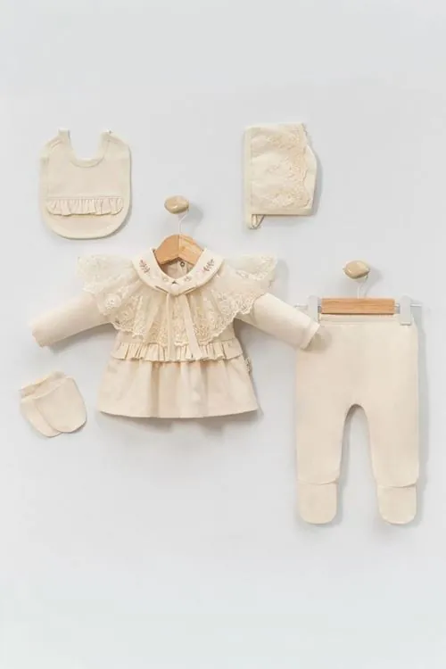 Miniğimin Cicileri Dantel Yaka Detaylı Kız Bebek Pamuklu 5 li Set - Krem