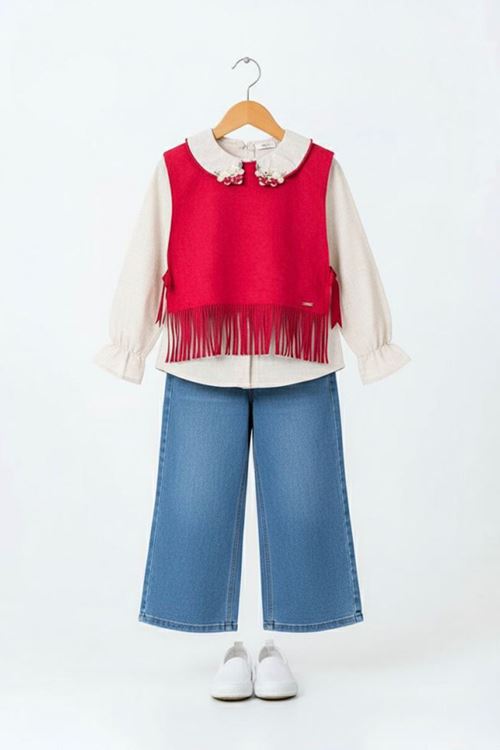 Miniğimin Cicileri Süet Püsküllü Kız Çocuk 3 lü Takım - Kırmızı