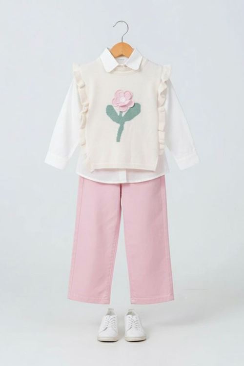 Miniğimin Cicileri Çiçek Motifli Triko Süveterli Pantolonlu Kız Çocuk 3 lü Kombin - Pembe