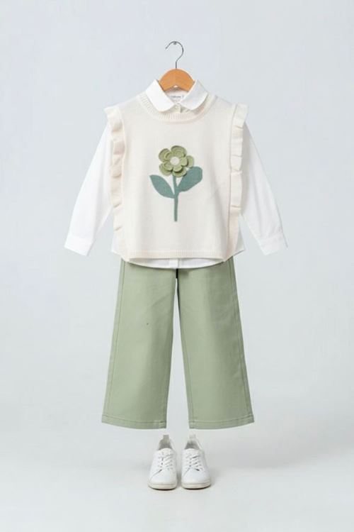 Miniğimin Cicileri Çiçek Motifli Triko Süveterli Pantolonlu Kız Çocuk 3 lü Kombin - Yeşil