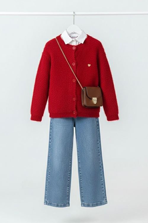 Miniğimin Cicileri Yumuşak Dokulu Kalp Detaylı Hırka  ve Geniş Paça Jean Kız Çocuk Kombini - Kırmızı
