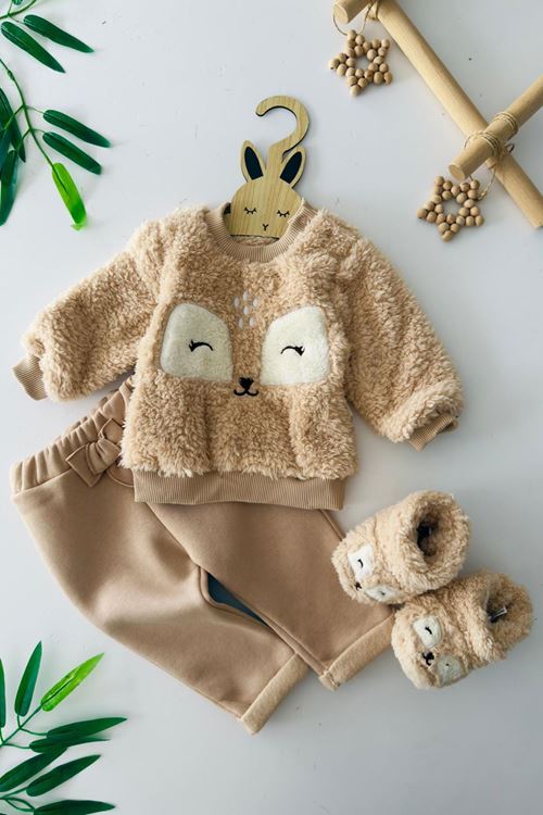 Miniğimin Cicileri Peluş Sevimli Panduflu Kız Çocuk 3 lü Takım - Bej