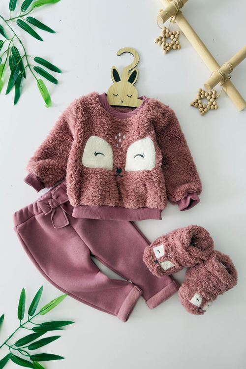 Miniğimin Cicileri Peluş Sevimli Panduflu Kız Çocuk 3 lü Takım - Gül Kurusu