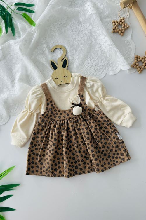 Miniğimin Cicileri Tavşan Detaylı Fitilli Kadife Çiçek Desenli Kız Bebek Elbise - Kahve