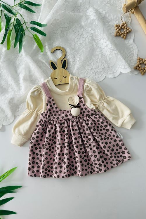 Miniğimin Cicileri Tavşan Detaylı Fitilli Kadife Çiçek Desenli Kız Bebek Elbise - Pembe