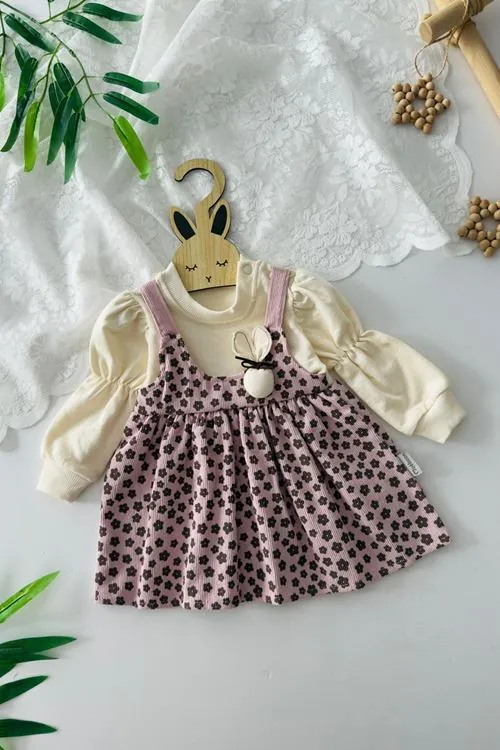 Miniğimin Cicileri Tavşan Detaylı Fitilli Kadife Çiçek Desenli Kız Bebek Elbise - Pembe