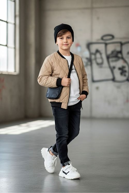 Miniğimin Cicileri LV Çift Tafarlı Kapitone Montlu Erkek Çocuk 3 Lü Takım - Bej