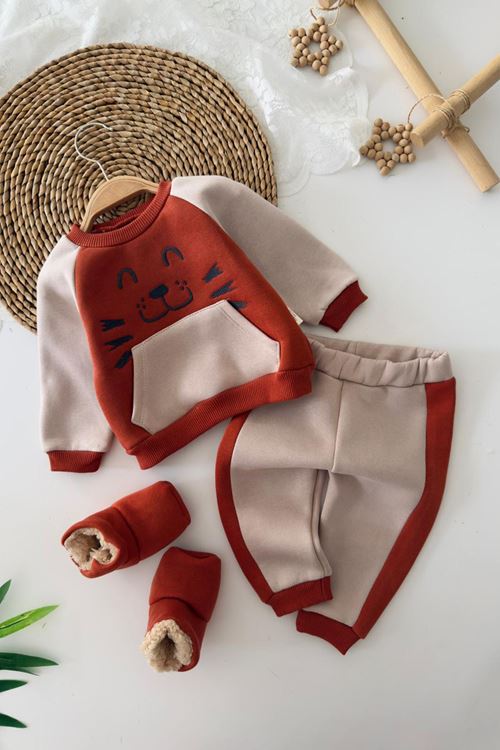 Miniğimin Cicileri Sevimli Surat İşleme Cepli Patikli Bebek 3’lü Kışlık Takım - Kiramit
