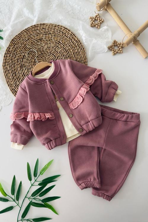 Miniğimin Cicileri Fisto Detaylı 3 lü Kışlık Kız Bebek Takım - Gül Kurusu