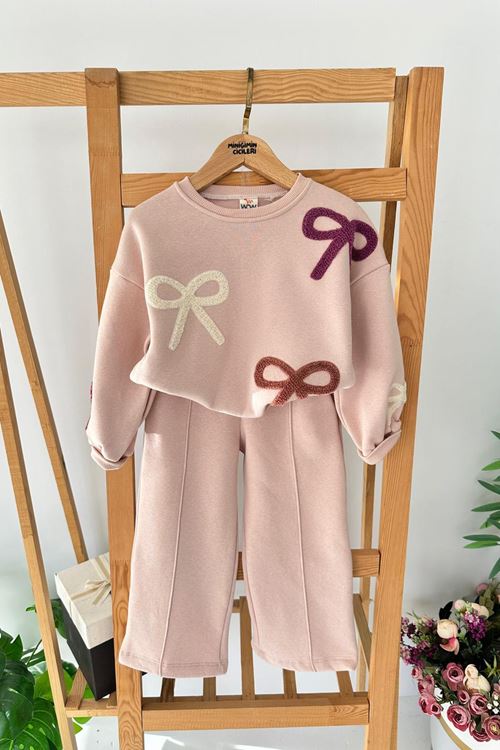 Miniğimin Cicileri Fiyonk Panç İşlemeli Kışlık Kız Çocuk Takım - Pudra