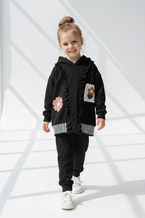 Miniğimin Cicileri Papatya Örgü Detaylı Kız Çocuk Kapüşonlu Takım - Siyah