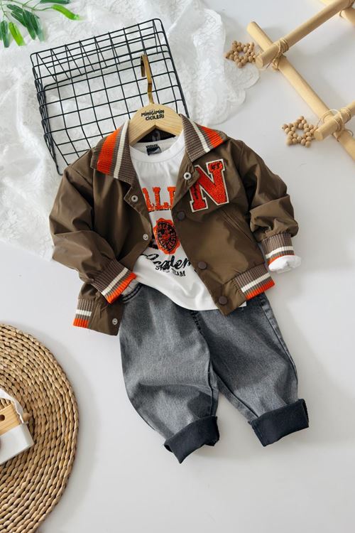 Miniğimin Cicileri N Panç İşleme Detaylı Erkek Çocuk 3 lü Takım - Kahve