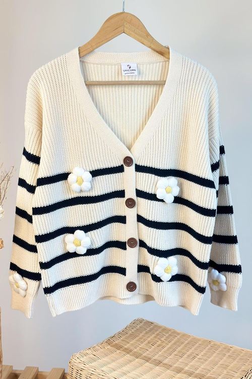 Miniğimin Cicileri Triko Papatya Örgü Detaylı Kadın Hırka - Krem