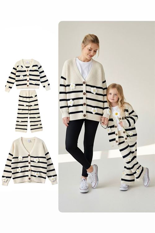 Miniğimin Cicileri Triko Papatya Örgü Detaylı Anne-Kız Kombini - Krem