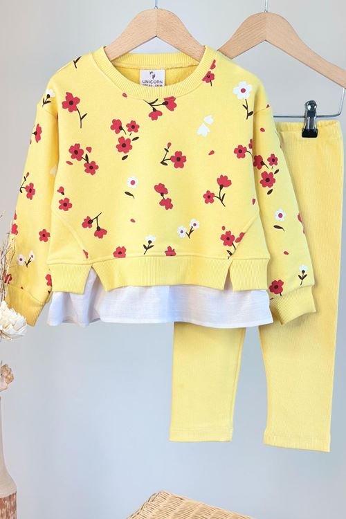 Miniğimin Cicileri Gömlek Detaylı Çiçek Baskılı Kız Çocuk 2 li Takım - Sarı