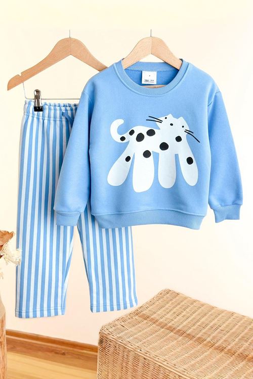 Miniğimin Cicileri Kedicik Baskılı Çizgi Detaylı Unisex Çocuk Takım - Bebe Mavisi