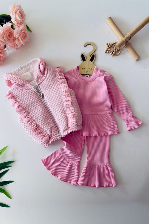 Miniğimin Cicileri Fırfır Detaylı Kapişonlu Simli Yelekli Kız Çocuk 3 lü Takım - Pembe