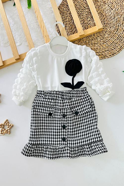 Minigimin Cicileri Gül Desenli Kazayağı Etekli Kız Çocuk Takım - Siyah-Beyaz