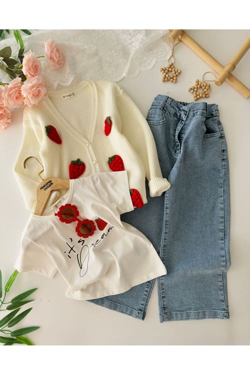 Miniğimin Cicileri Çilek Triko İşleme Detaylı Hırkalı Kız Çocuk 3 lü Takım - Kırmızı