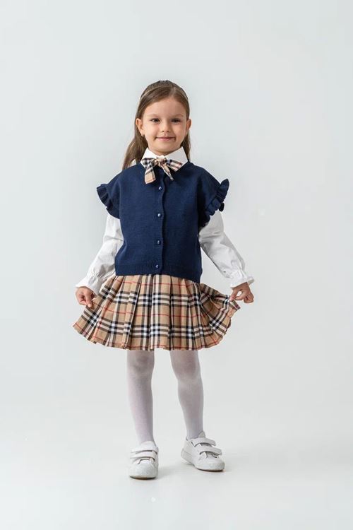 Miniğimin Cicileri Süveterli Fırfır Kol Detaylı Ekose Etek Kombini - Lacivert