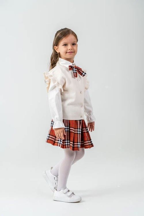 Miniğimin Cicileri Süveterli Fırfır Kol Detaylı Ekose Etek Kombini - Krem