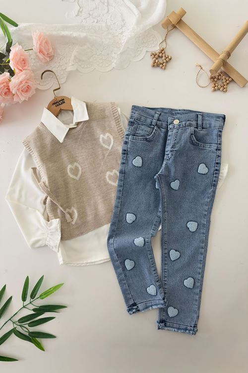 Miniğimin Cicileri Kalp Panç İşleme Detaylı Süveterli 3 lü Takım - Bej