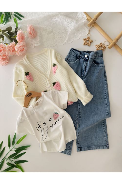 Miniğimin Cicileri Çilek Triko İşleme Detaylı Hırkalı Kız Çocuk 3 lü Takım - Pembe