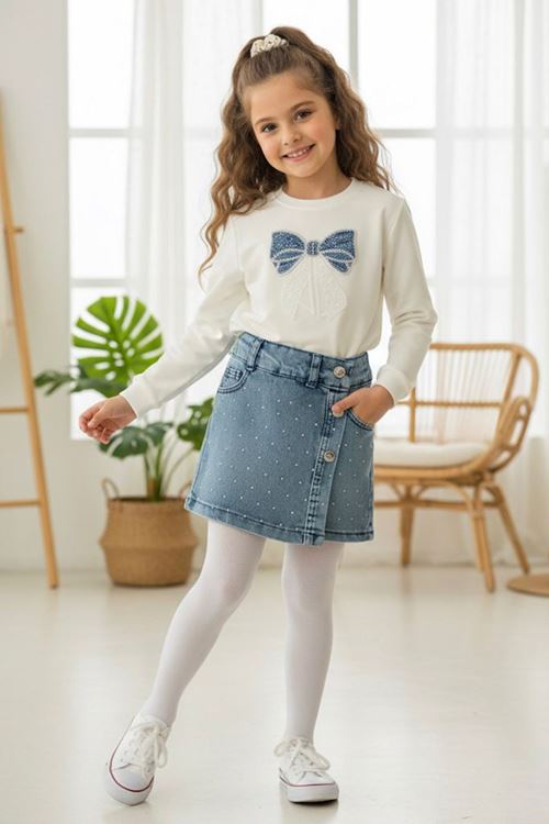 Miniğimin Cicileri Taşlı Fiyonklu Şort Etekli İkili Kız Çocuk Takım - Beyaz