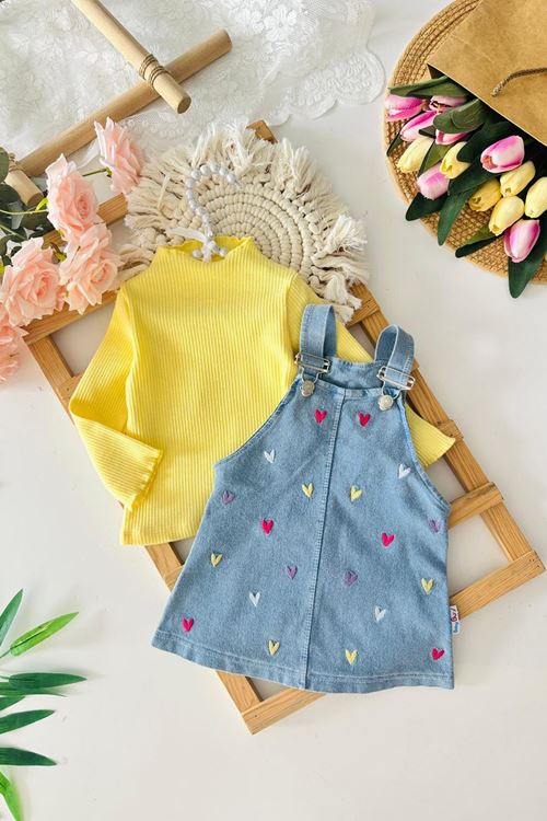 Miniğimin Cicileri Renkli Kalp Baskılı Kız Bebek Kot Jileli Takım - Sarı
