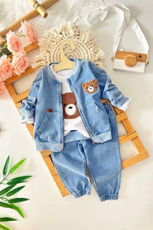 Miniğimin Cicileri Erkek Bebek Ayıcık Panç İşleme Detaylı 3 lü Yumuşak Kotlu Takım - Açık Mavi