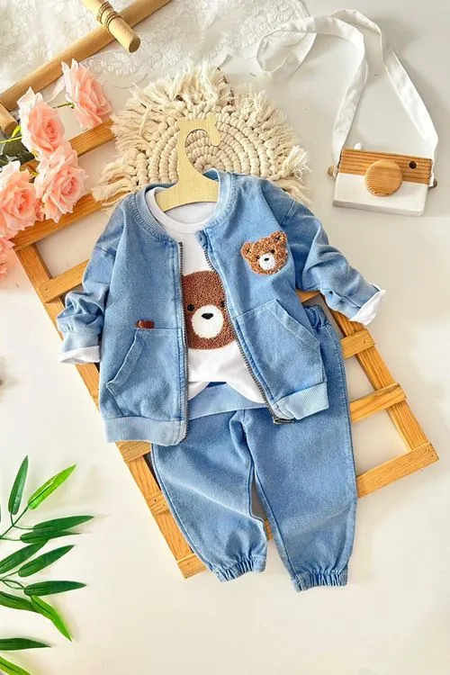 Miniğimin Cicileri Erkek Bebek Ayıcık Panç İşleme Detaylı 3 lü Yumuşak Kotlu Takım - Açık Mavi