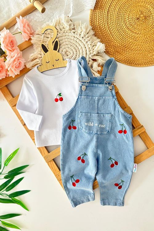 Miniğimin Cicileri Kiraz işleme Detaylı Kız Bebe 2 li Salopet Yumuşak Kotlu Takım - Açık Mavi