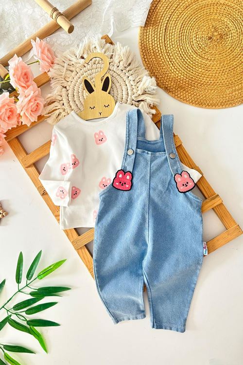 Miniğimin Cicileri Ayıcık işleme Detaylı Kız Bebe 2 li Salopet Yumuşak Kotlu Takım - Açık Mavi