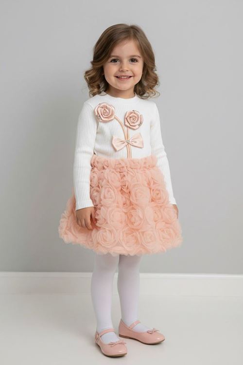 Miniğimin Cicileri Çift Çiçek Detaylı Kız Çocuk Gül İşleme Takım - Somon