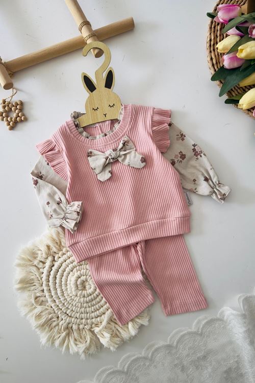 Miniğimin Cicileri Fiyonk Detaylı Çiçek Desenli Bluzlu 3 lü Kız Takımı - Pembe