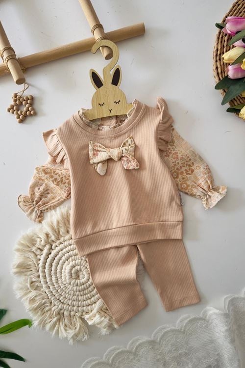 Miniğimin Cicileri Fiyonk Detaylı Çiçek Desenli Bluzlu 3 lü Kız Takımı - Bej