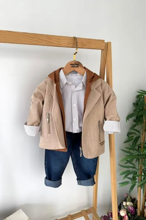 Miniğimin Cicileri Kapüşonlu Yelekli  Ceketli Gömlek Jean 4’lü Erkek Çocuk Kombin - Camel