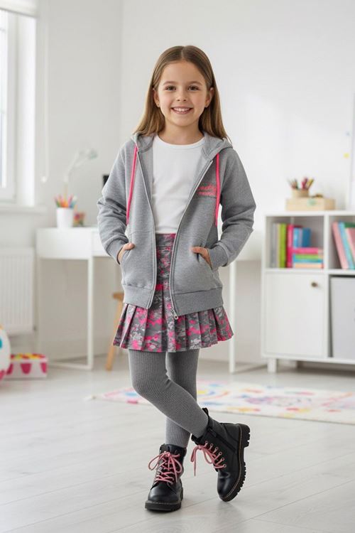 Miniğimin Cicileri Neon Detaylı Lady Kız Çocuk Kapüşonlu Hırka - Gri