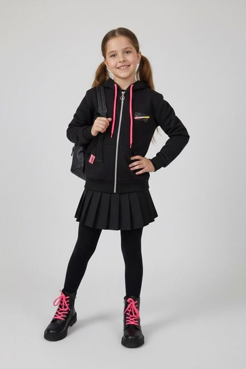 Miniğimin Cicileri Neon Detaylı Lady Kız Çocuk Kapüşonlu Hırka - Siyah