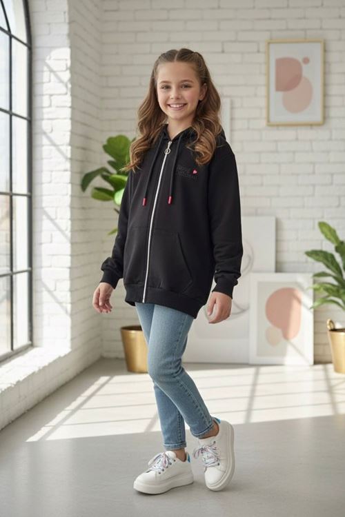 Miniğimin Cicileri Neon Kalp İşleme Detaylı Kız Çocuk Kapüşonlu Hırka - Siyah