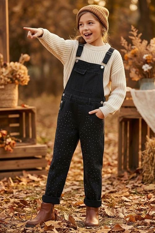 Miniğimin Cicileri Taş Detaylı Kot Kız Çocuk Salopet - Siyah