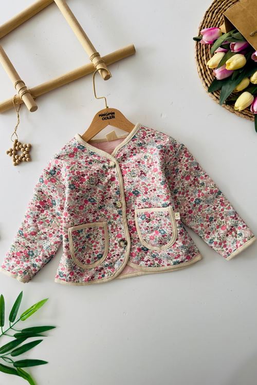 Miniğimin Cicileri Çiçek Desenli Kız Çocuk Pamuklu Kapitone Hırka - Çok Renkli